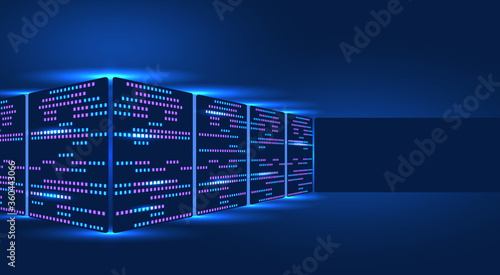 Server rack, blockchain technology, data center, concept of cloud storage and data exchange. Place for advertising. illustration