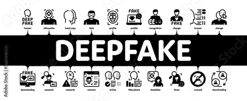 Deepfake Face Fake Minimal Infographic Web Banner Vector. Human Face Research And Change, Computer Video Analysis And Downloading Image Illustration