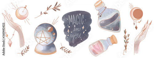 Elegant magic inscription magic in you, hand, moon set isolate on a white background. Textural watercolor digital art. Tattoo print, sticker, postcard, social media post, packaging, brand