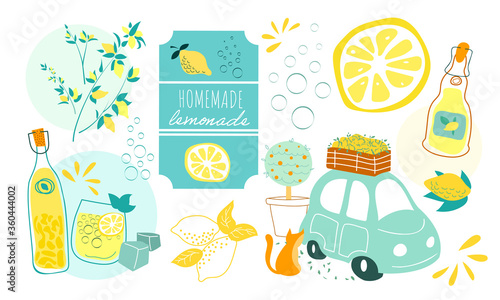 Juicy summer set with lemons and lemonade and limoncello vector illustration. Lemon slice, tag, bottles and italian car and cat 