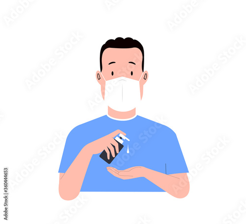 Man washes his hands. Young man in a medical mask uses an antiseptic. Vector illustration