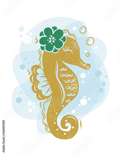 Simple illustration for kids, cute sea horse gold color painting