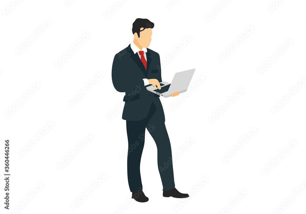 businessman with laptop in his hands presenting new technology for business, finance, investment and connectivity. Standing and full-length businessman with laptop in his hands presenting new technology for business, finance, investment and connectivity. Standing and full-length