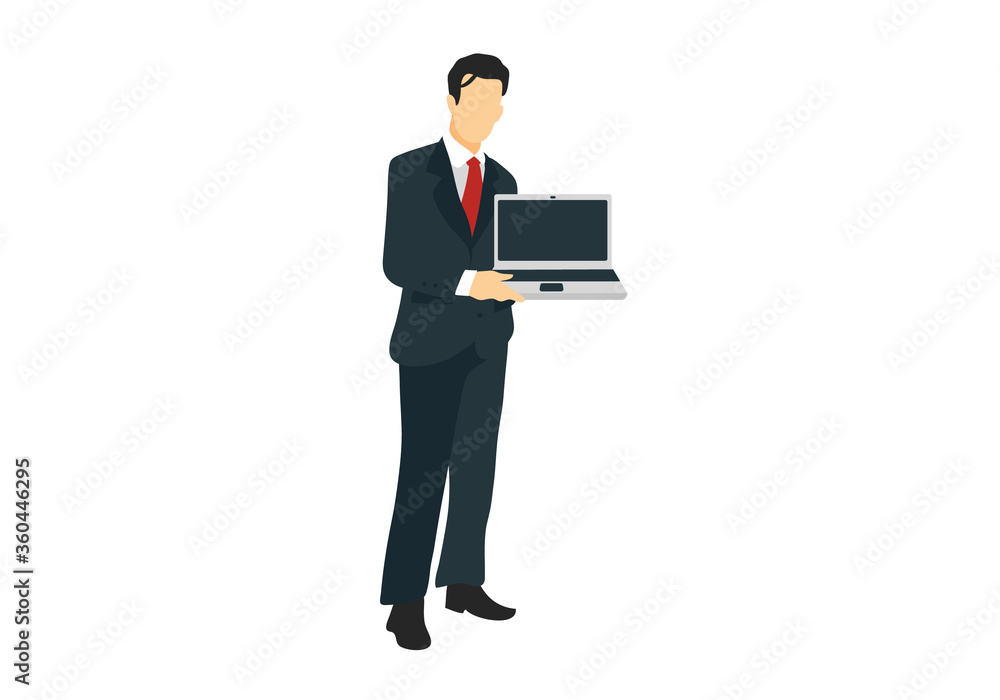 businessman with laptop in his hands presenting new technology for business, finance, investment and connectivity. Standing and full-length businessman with laptop in his hands presenting new technology for business, finance, investment and connectivity. Standing and full-length