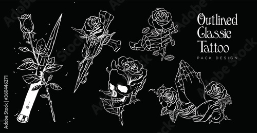 black and white line illustration for tattoo art, with skull, roses and bone drawn