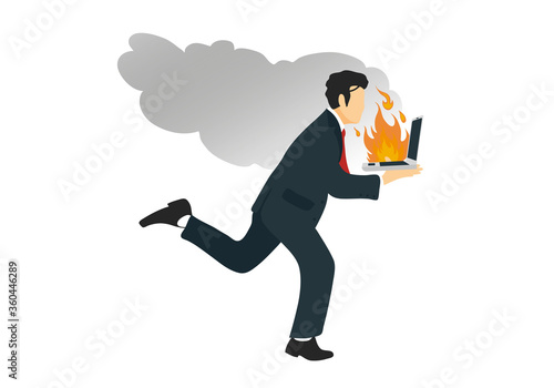 businessman running with laptop on fire in his hands.Technology for business, finance, investment and connectivity. Standing and full-length