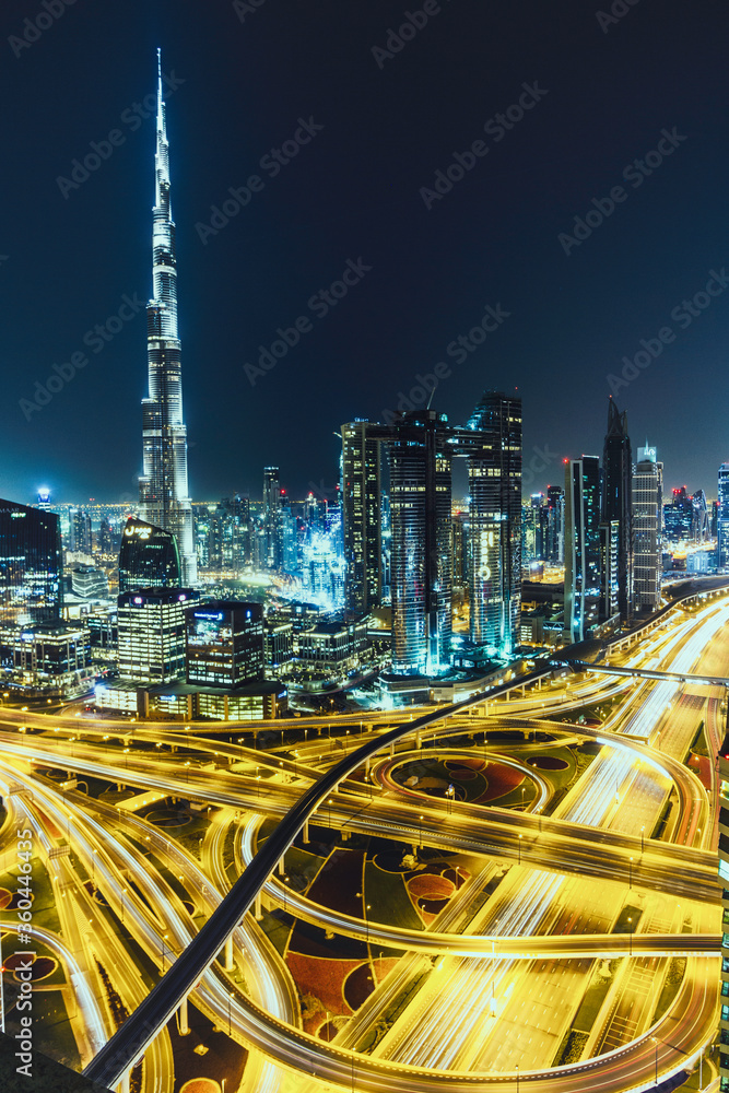 Fototapeta premium Night view of the streets of Dubai. View of the skyscrapers of Dubai Burj Khalif