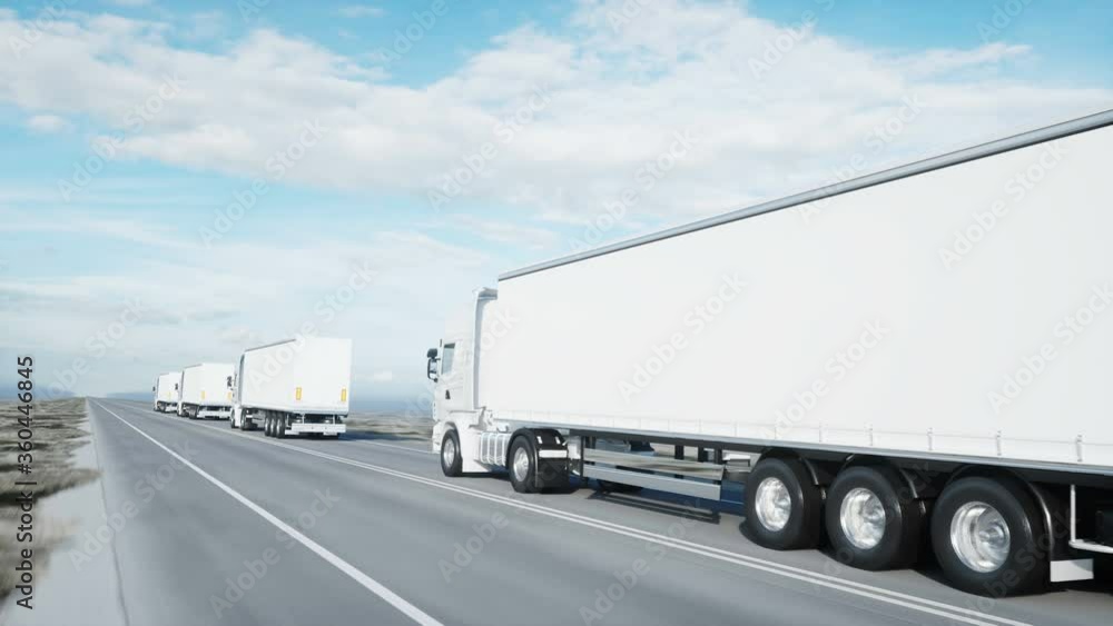 convoy of white trucks. semi trailer on the road, highway. Transports, logistics concept. 4K realistic animation. convoy of white trucks. semi trailer on the road, highway. Transports, logistics concept. 4K realistic animation.