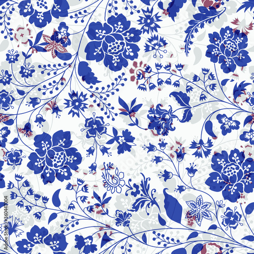  Vector print floral paisley pattern seamless border. Tropical flowers motif for decoration chintz fabric or batik sarong. Oriental folk design for wallpaper, textile, blanket, clothing.