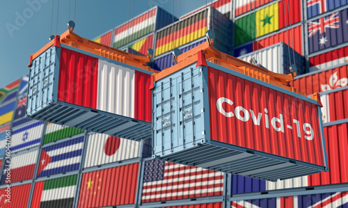 Container with Coronavirus Covid-19 text on the side and container with Peru Flag. Concept of international trade spreading the Corona virus. 3D Rendering © Marius Faust