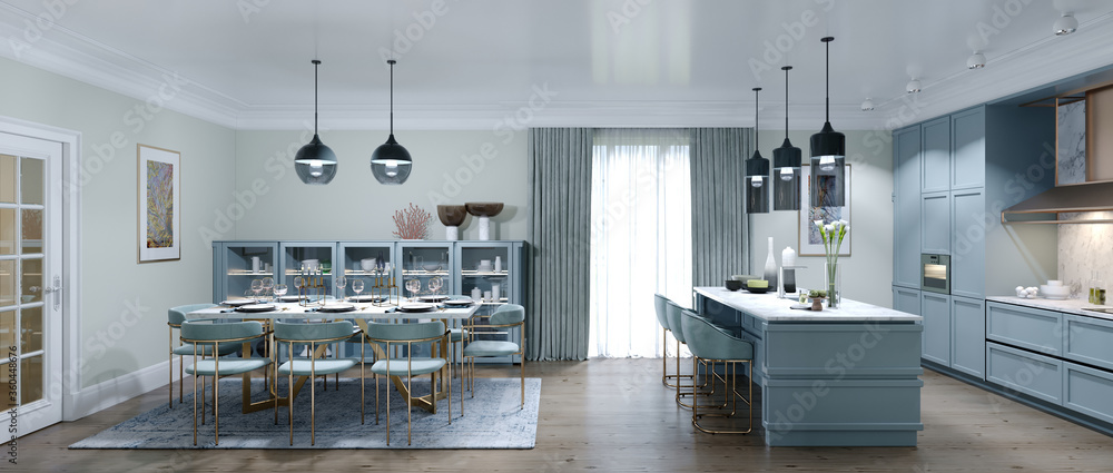 Designer large kitchen with dining area in a trendy style, interior color faded coral. - obrazy, fototapety, plakaty 