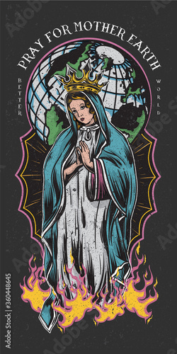 pray for mother earth colored tattoo style illustration