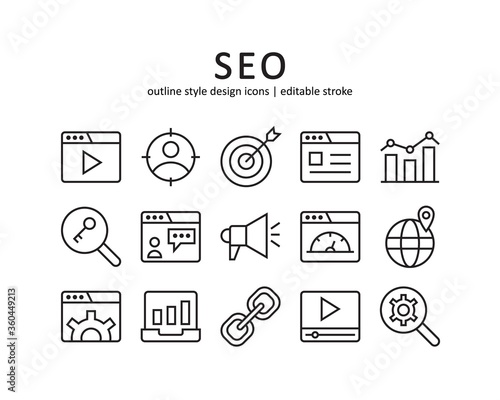 SEO icon set. Contains such Icons as search, engine, web and more  . Line style design. Vector graphic illustration. Suitable for website design, logo, app, template, ui. Editable stroke.