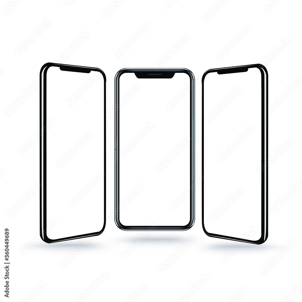 Black frameless smartphone with a blank screen on a gray background, at three angles. vector layout. Black frameless smartphone with a blank screen on a gray background, at three angles. vector layout.