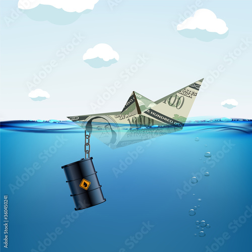 Paper boat dollar currency sinking in water