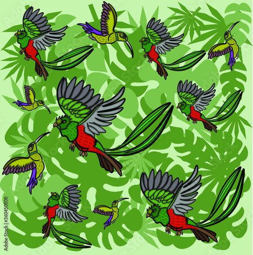 The drawing shows a pattern of hummingbirds  parrots and palm leaves.