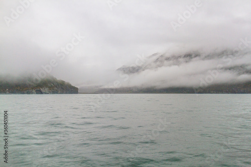 View of the sea bay during bad weather, fog, rain, strong wind © Aleksandr