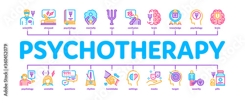 Psychotherapy Help Minimal Infographic Web Banner Vector. Handshake And Brain, Psychotherapist And Patient, Psychotherapy Treatment Illustration