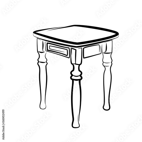 Stool without a back with carved legs. Linear contour vector illustration on a white background