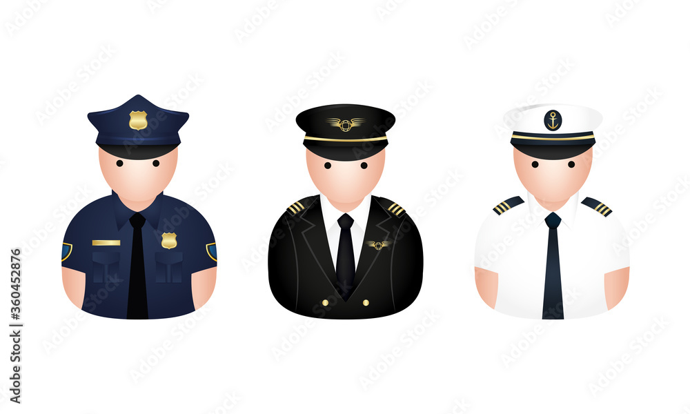 Occupation vector, occupation avatar, white background, policeman, pilot, captain, icon. Vector illustration. Occupation vector, occupation avatar, white background, policeman, pilot, captain, icon. Vector illustration.