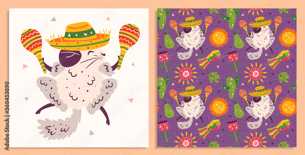 Mexico holiday. Little cute chinchillas in sombrero with maracas, cactus, sun, pinata, flower and flags. Mexican party. Latin America. Flat colourful vector seamless pattern, background. Card making.