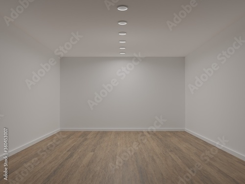 3D rendered illustration of empty room with white walls, wooden floor and ceiling lights, ideal for interior design