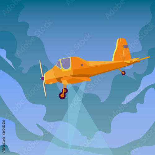 Airplane flying in sky.Jet plane fly in clouds, airplanes travel and vacation aircraft. Aerial flat vector illustration.Agricultural plane in the clouds. Blue sky. The plane that watered the earth