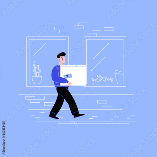 Delivery guy on his way to a client with a box walking down the street wearing