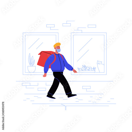 Delivery guy on his way to a client with a thermobag walking down the street wearing medical face mask