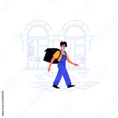 Delivery girl on her way to a client with a thermobag walking down the street wearing medical face mask