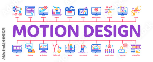 Motion Design Studio Minimal Infographic Web Banner Vector. Movie Motion Redactor Programme On Computer Screen And Video Player, Filmstrip And Clipboard Illustration