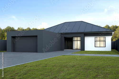 Modern house with garage on tree background, Australian style. 3D render. © nuchao