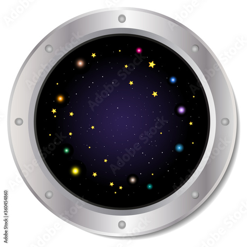 A high quality of dark silver spaceship window porthole with space, dark blue sky and colourful stars. Vector illustration.