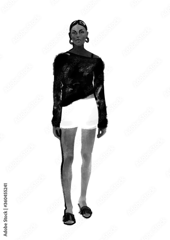 Fashion sketch of a young woman in a black sweater