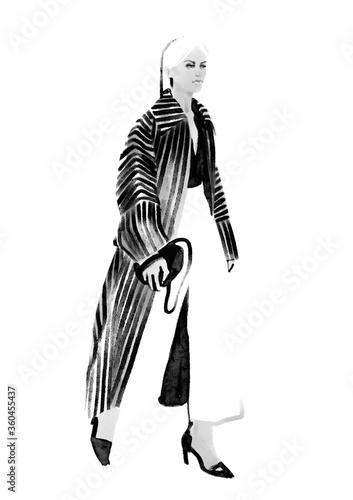 Fashion sketch of a young woman in a striped coat (ID: 360455437)