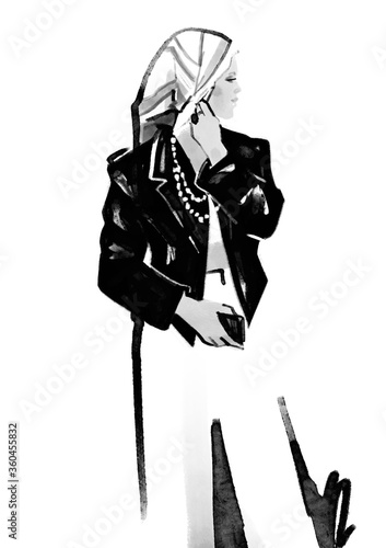 Fashion sketch of a young woman in a black jacket  (ID: 360455832)
