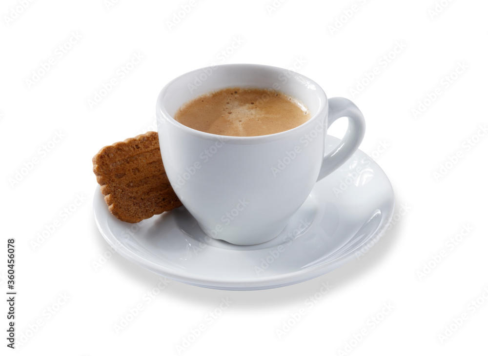 Angled view of a white expresso cup and saucer full of smooth expresso coffee, with a biscuit, isolated on white with