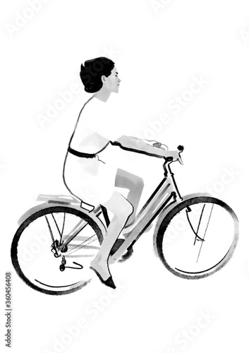 Young woman on a bicycle isolated (ID: 360456408)