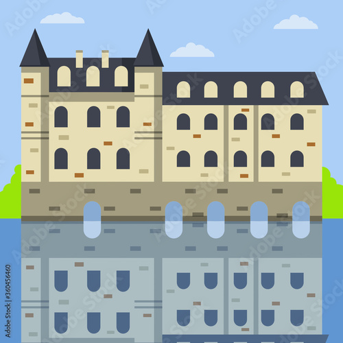 Castle of Chenonceau. French tourist attraction. Stone Palace with tower and wall. Medieval house and city. Flat cartoon illustration. Travel to Europe