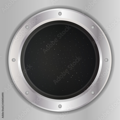 A high quality of silver spaceship window porthole with space, dark sky and stars vector. Illustration.