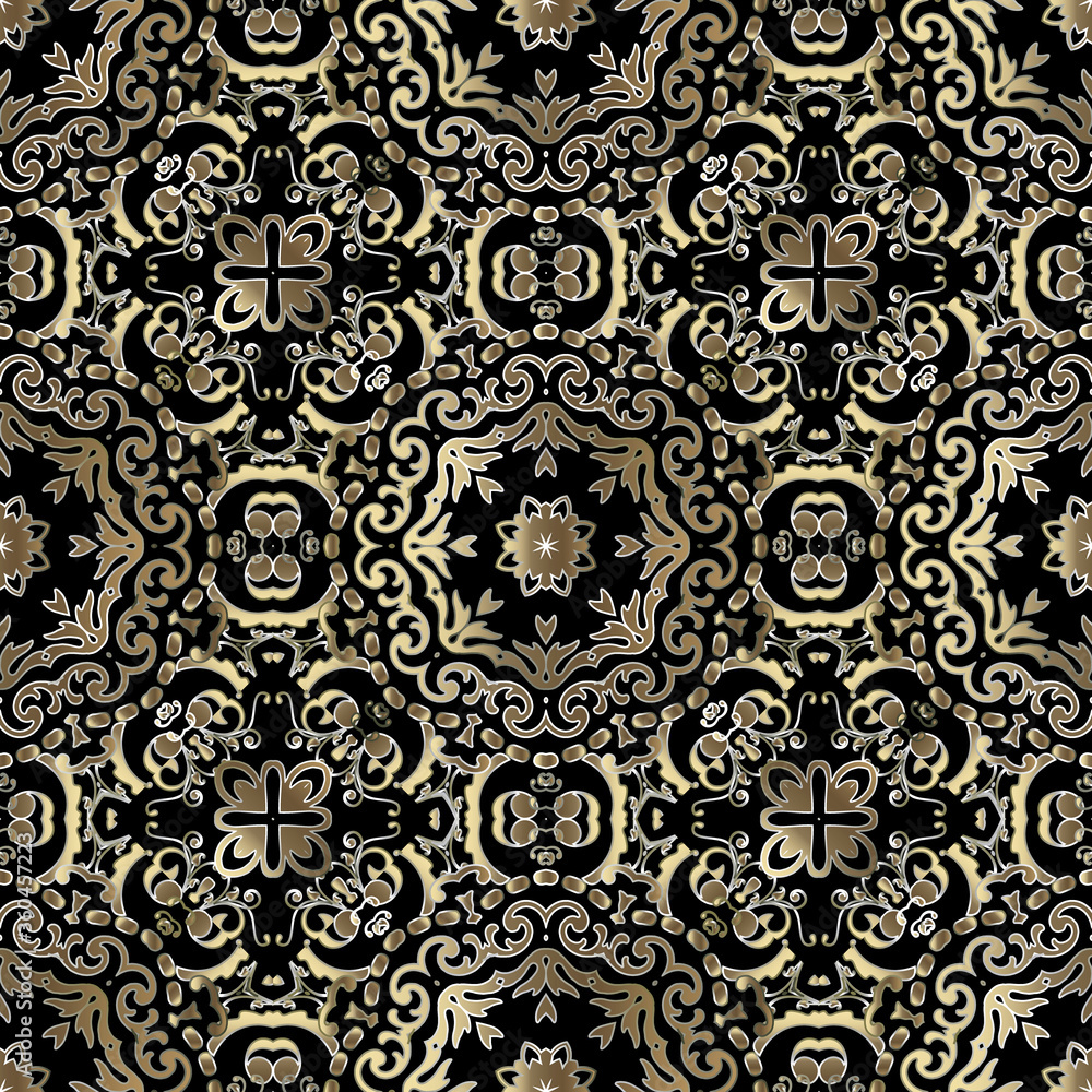 Gold Baroque vector seamless pattern. Ornamental Damask background. Rpeat ornate backdrop. Luxury floral ornaments with vintage golden flowers, leaves. Beautiful elegant design for fabric, wallpapers