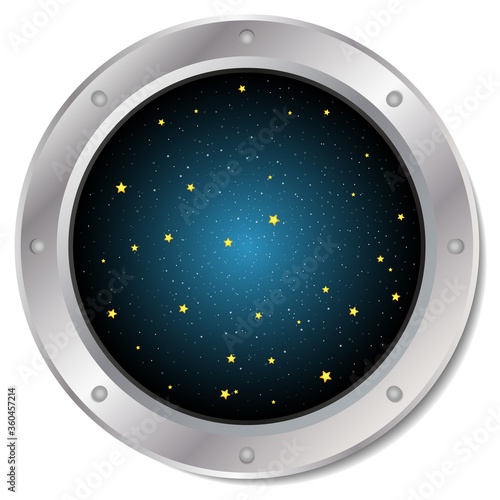 Silver spaceship window porthole with space, Dark blue sky and yellow stars. Vector illustration.
