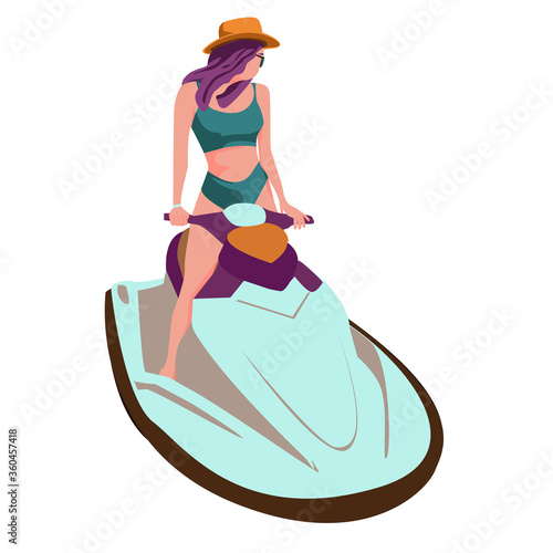 Vector illustration of water scooter isolated on white background. Jet boat in flat style. Active sport and amusement. Young beautiful girl riding a water scooter. Jet scooter. Fit woman in sunglasses