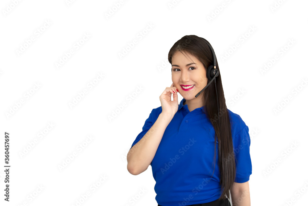 young woman talking on phone as operator in call center young woman talking on phone as operator in call center