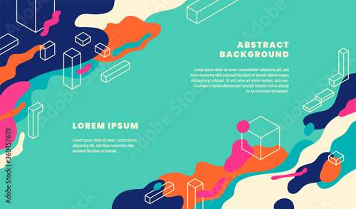 Modish banner design in abstract style with fluid shapes, isometric objects and text. Vector illustration.