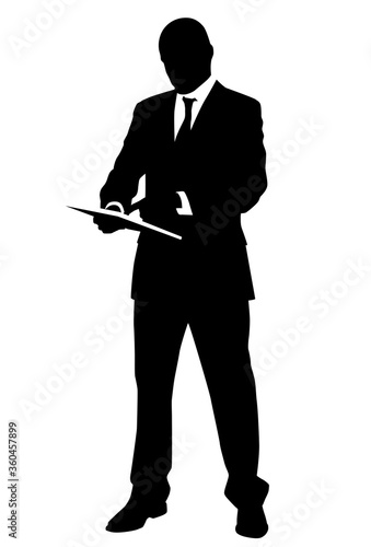 businessman holds tablet in hand and clicks on it - vector illustration