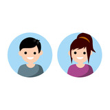 Young man and woman in blue circle. Avatar in social network. Happy character. Cartoon flat illustration. Boy and girl