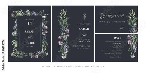 Set wedding invitation template with vintage flower illustration and dark background color