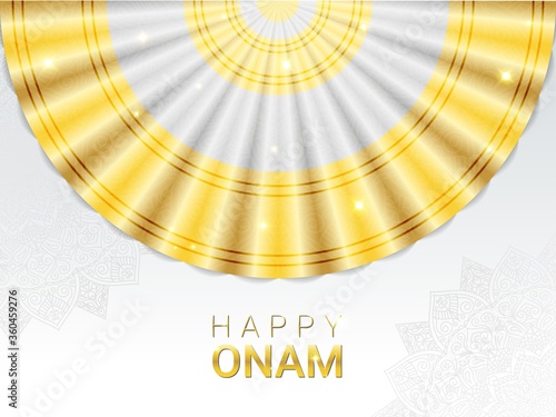 Happy Onam horizontal banner template. Harvest Hindu festival celebrated in memory of King Mahabali by Malayali people. Traditional white and gold sari for Thiruvathirakali dance and mandala ornament.