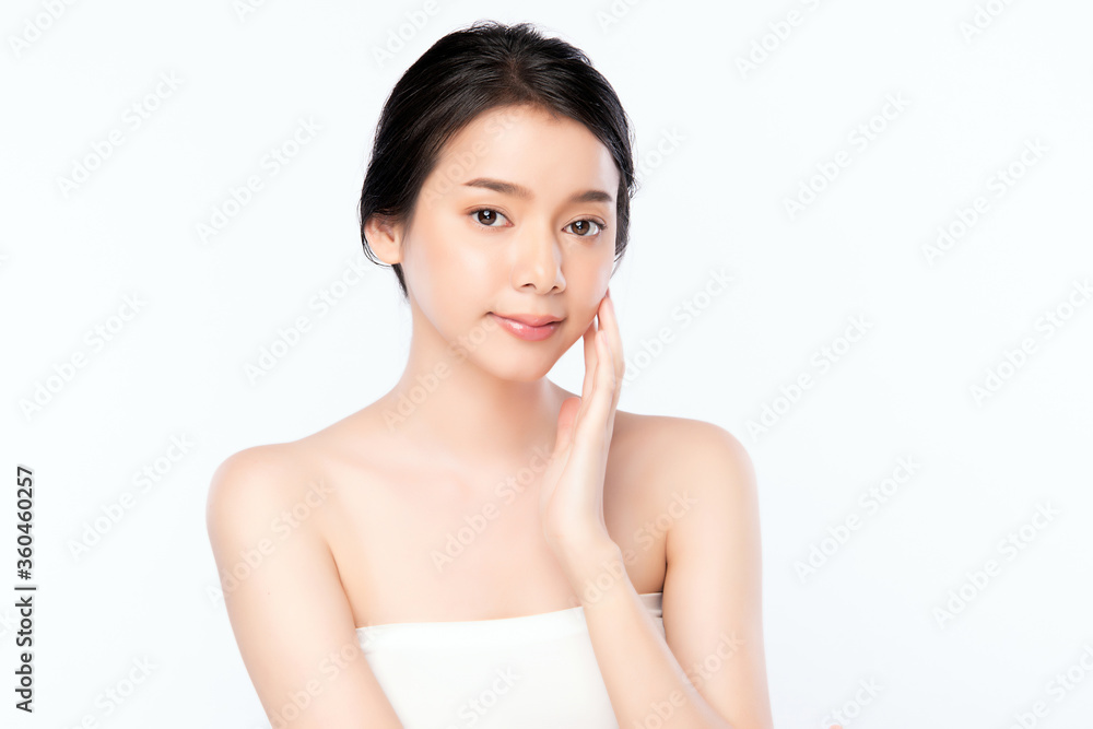 Beautiful Young asian Woman touching her clean face with fresh Healthy Skin, isolated on white background, Beauty Cosmetics and Facial treatment Concept Beautiful Young asian Woman touching her clean face with fresh Healthy Skin, isolated on white background, Beauty Cosmetics and Facial treatment Concept